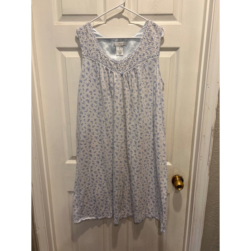 Earth Angels Large Midi Blue White‎ Floral Cotton Smocked Nightgown Sleepwear